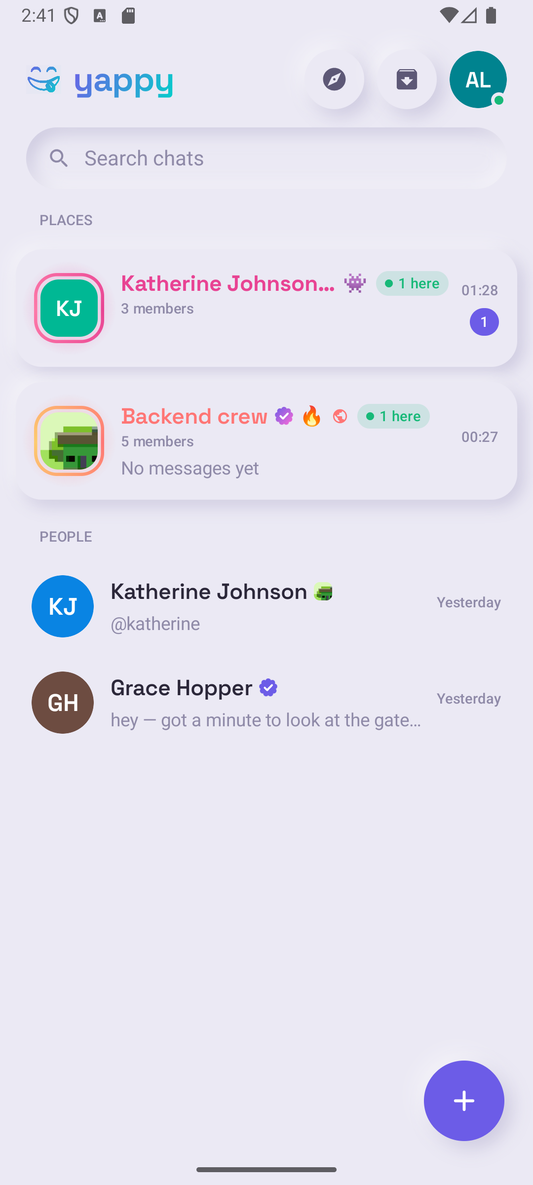The yappy home screen, with groups as cards and people as rows